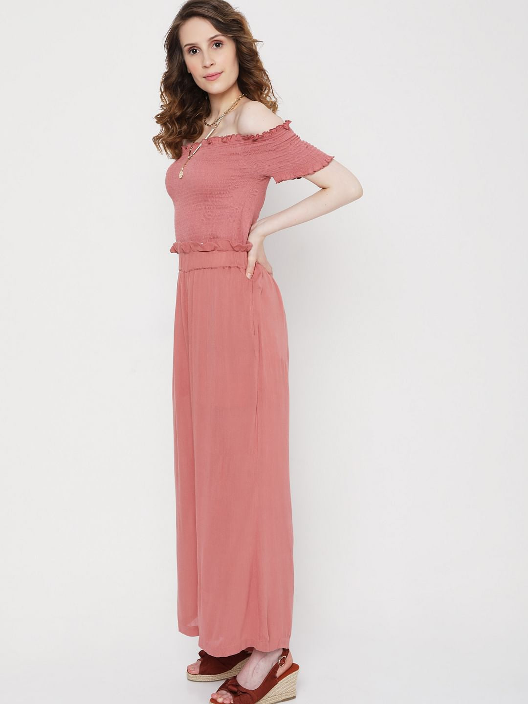 Pink Off Shoulder Smocked Co-Ord Set Top