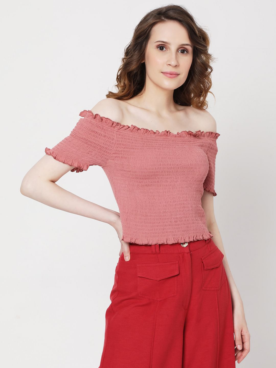 Pink Off Shoulder Smocked Co-Ord Set Top