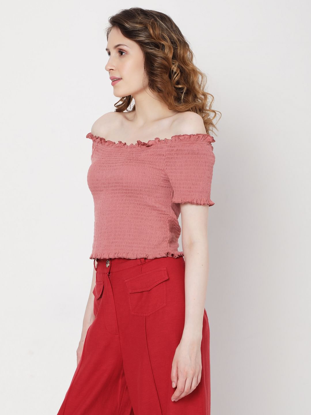 Pink Off Shoulder Smocked Co-Ord Set Top