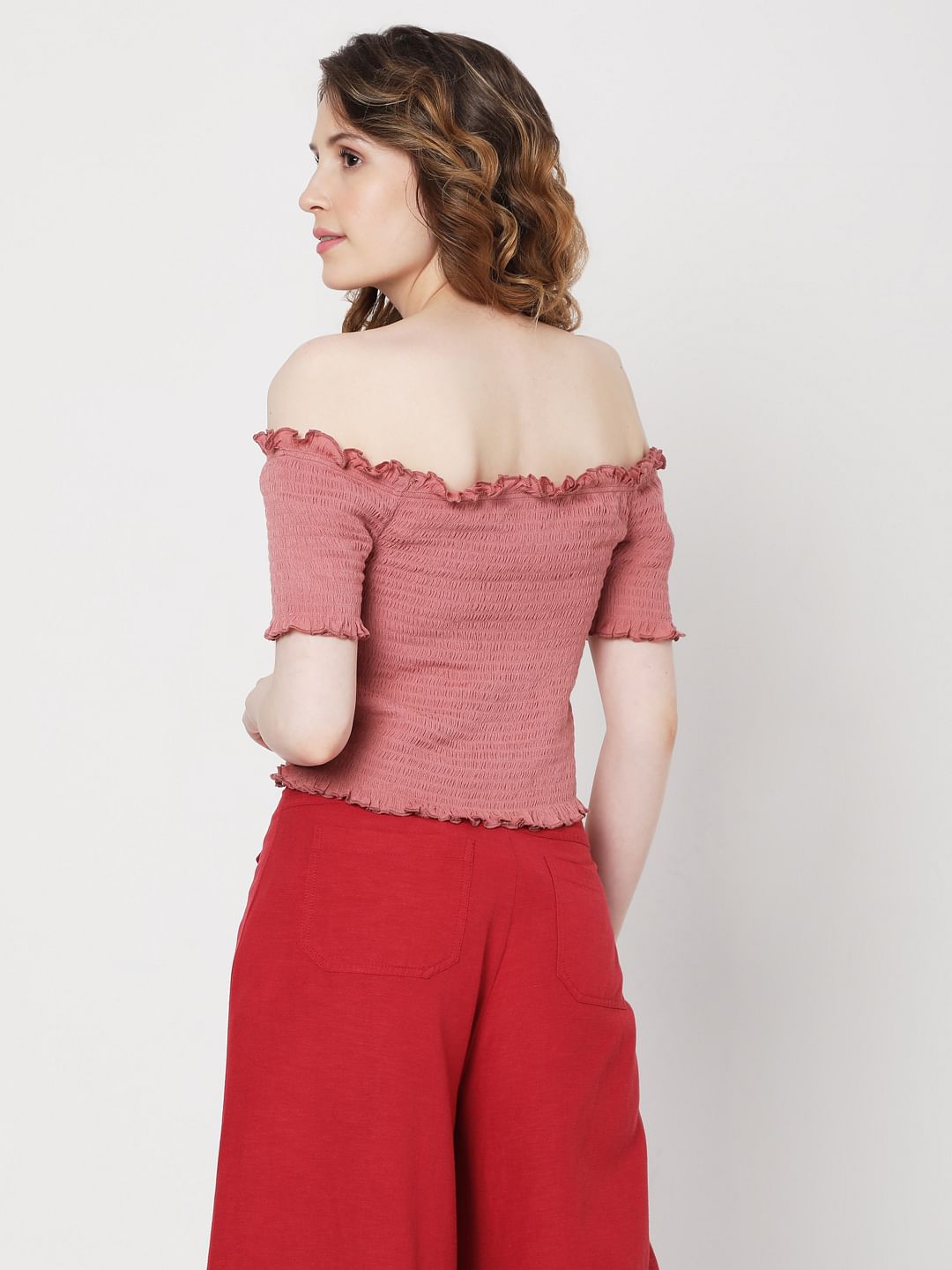 Pink Off Shoulder Smocked Co-Ord Set Top