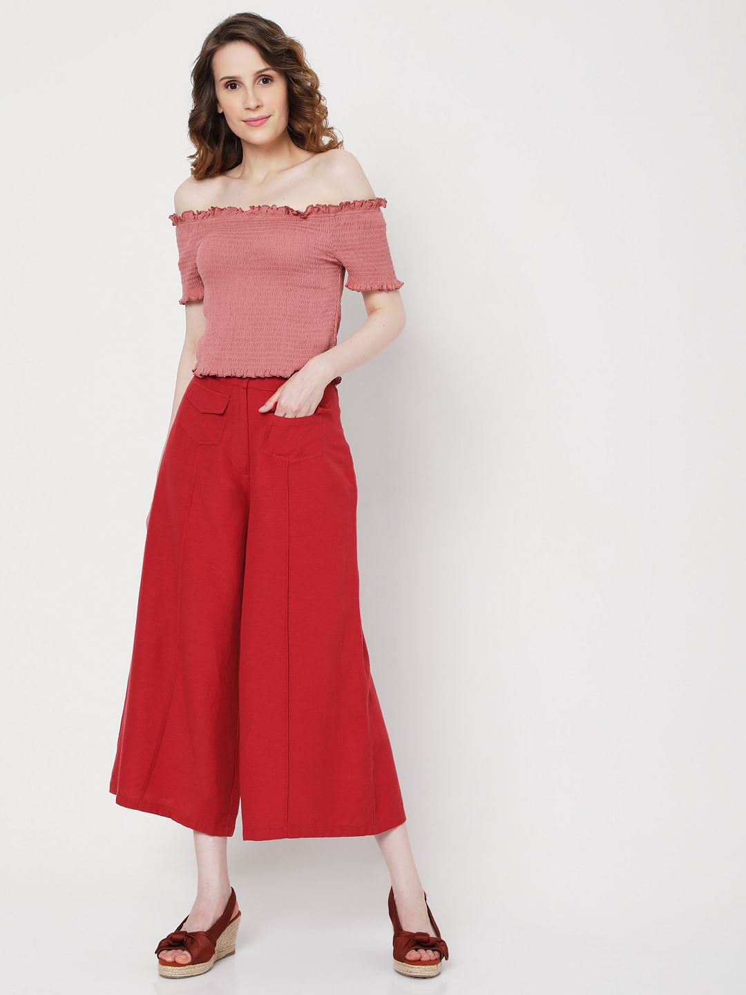 Pink Off Shoulder Smocked Co-Ord Set Top