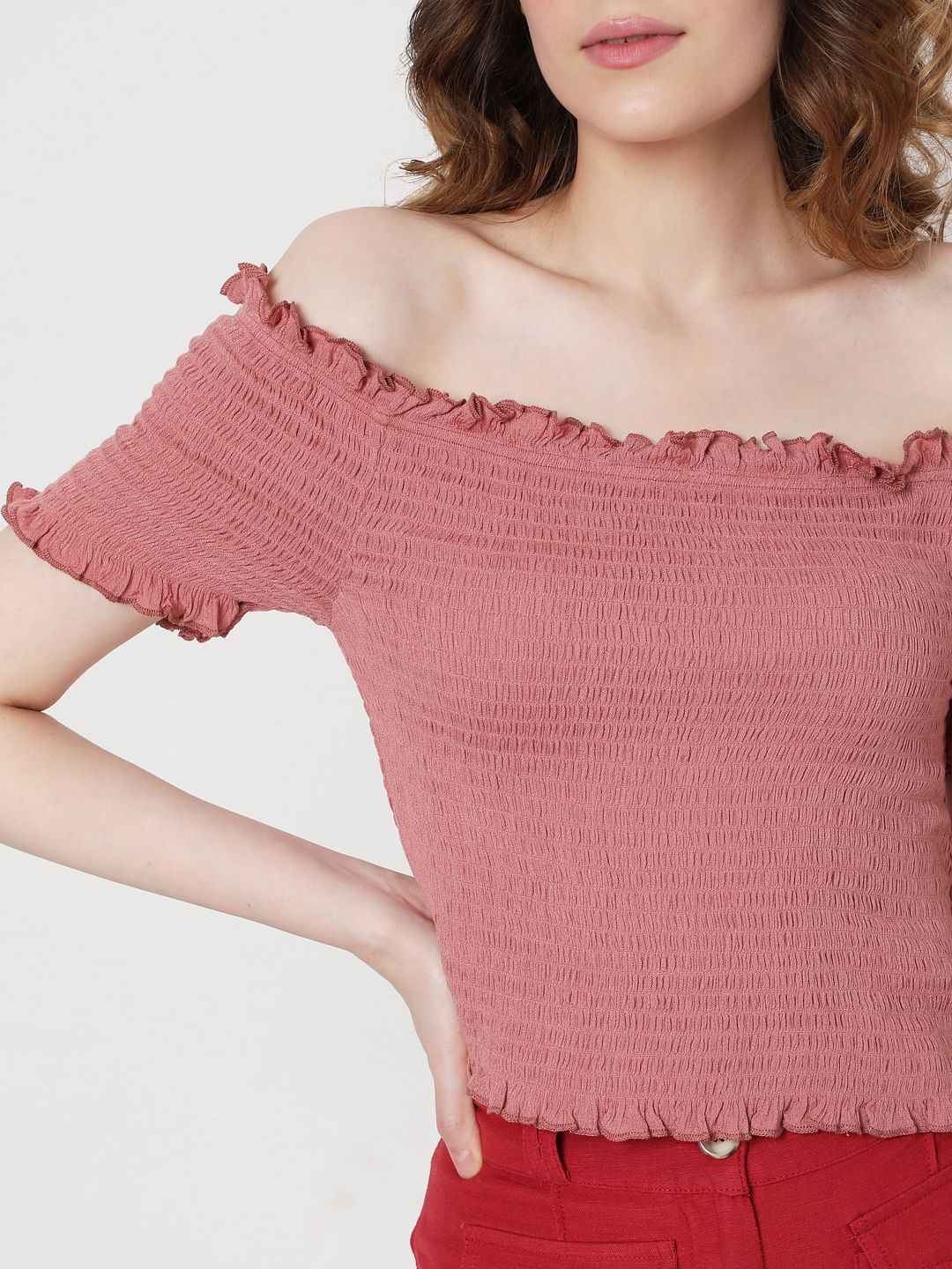 Pink Off Shoulder Smocked Co-Ord Set Top