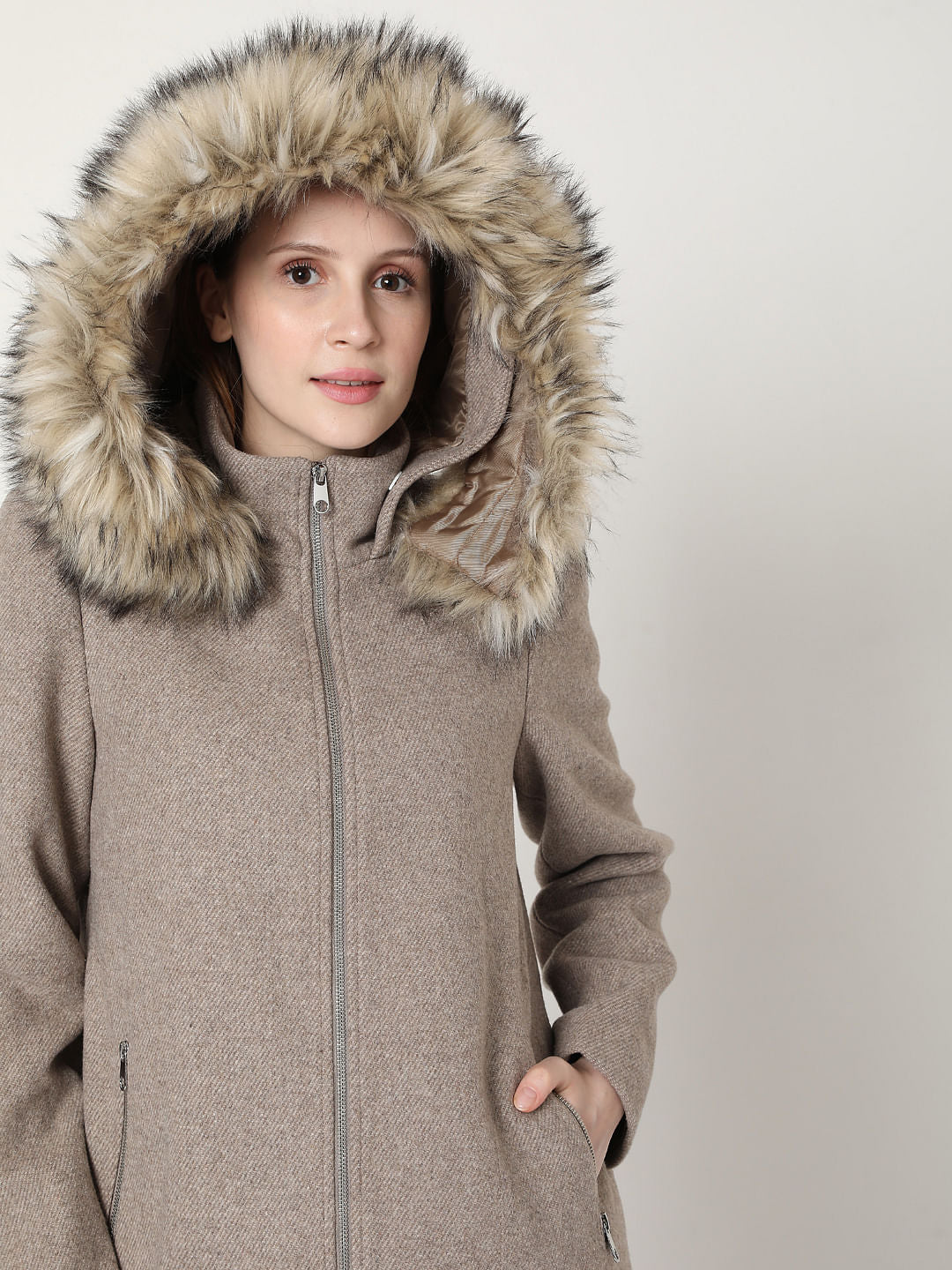 Beige Woollen Hooded Coat