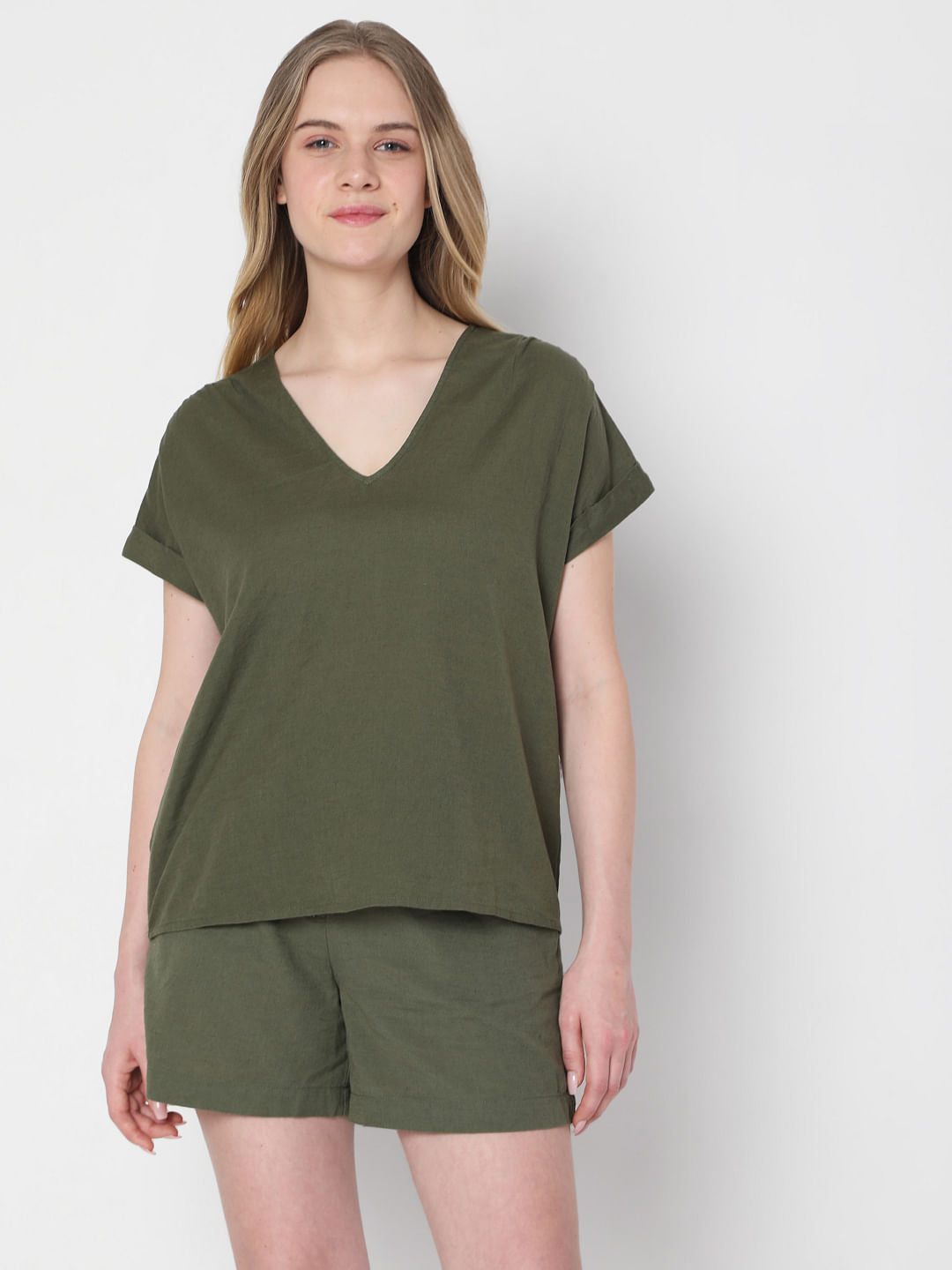 Green V Neck Co-Ord Top