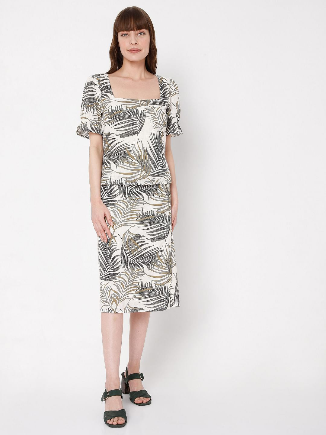 Beige Tropical Print Co-Ord Skirt