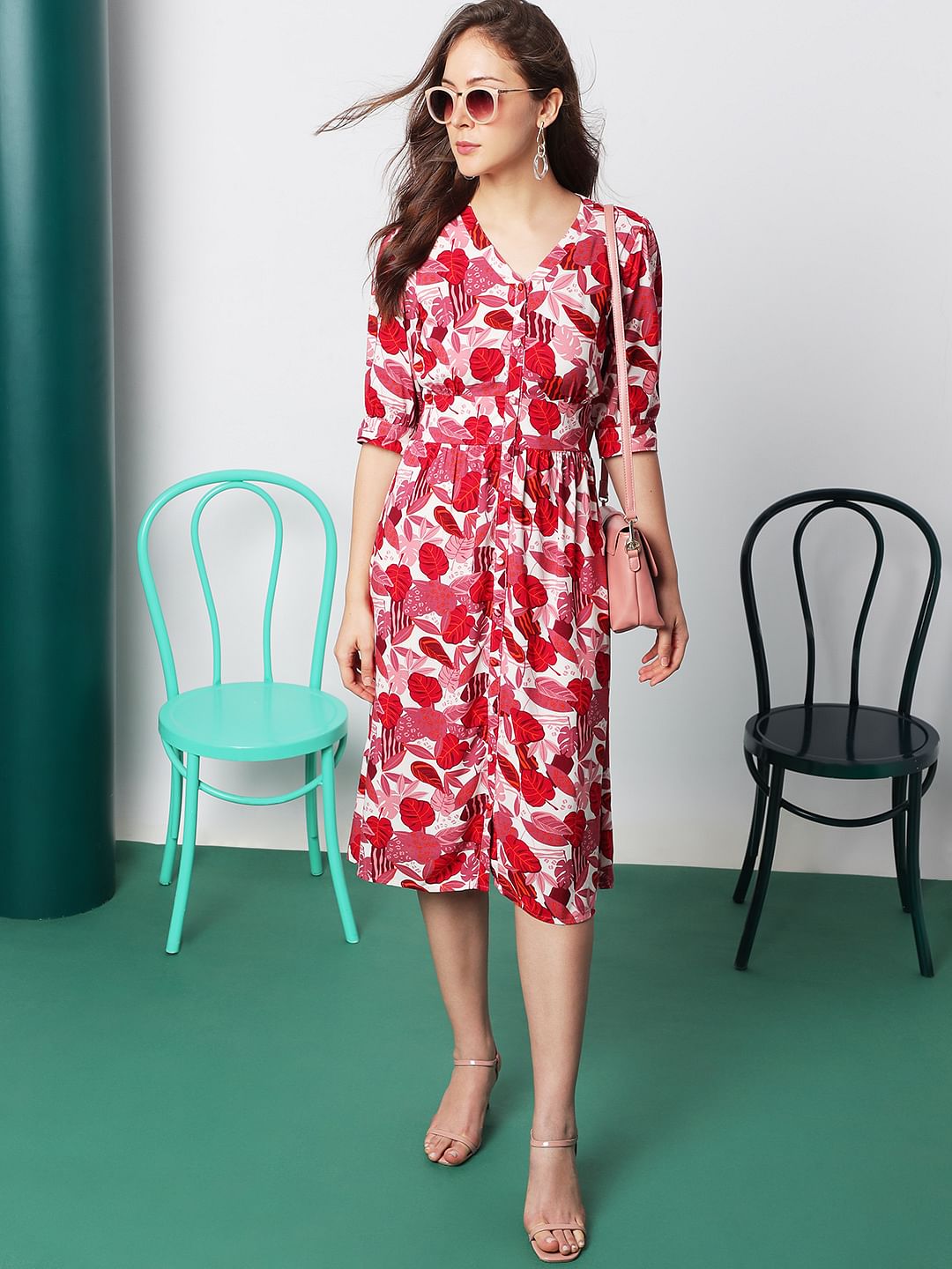 Pink Tropical Print Midi Dress