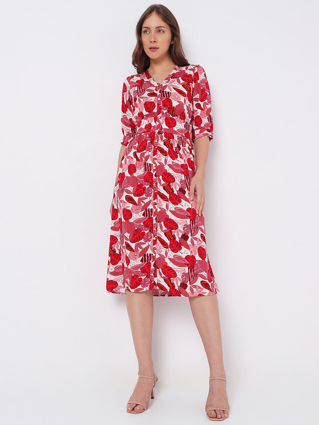 Pink Tropical Print Midi Dress