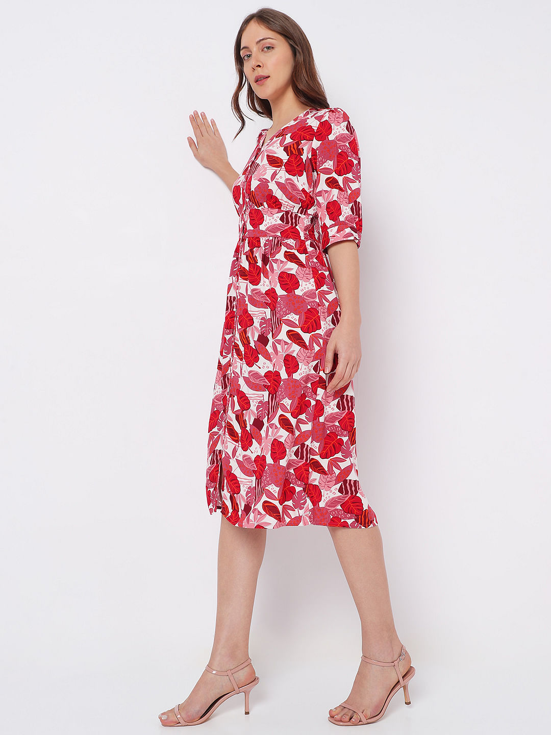 Pink Tropical Print Midi Dress
