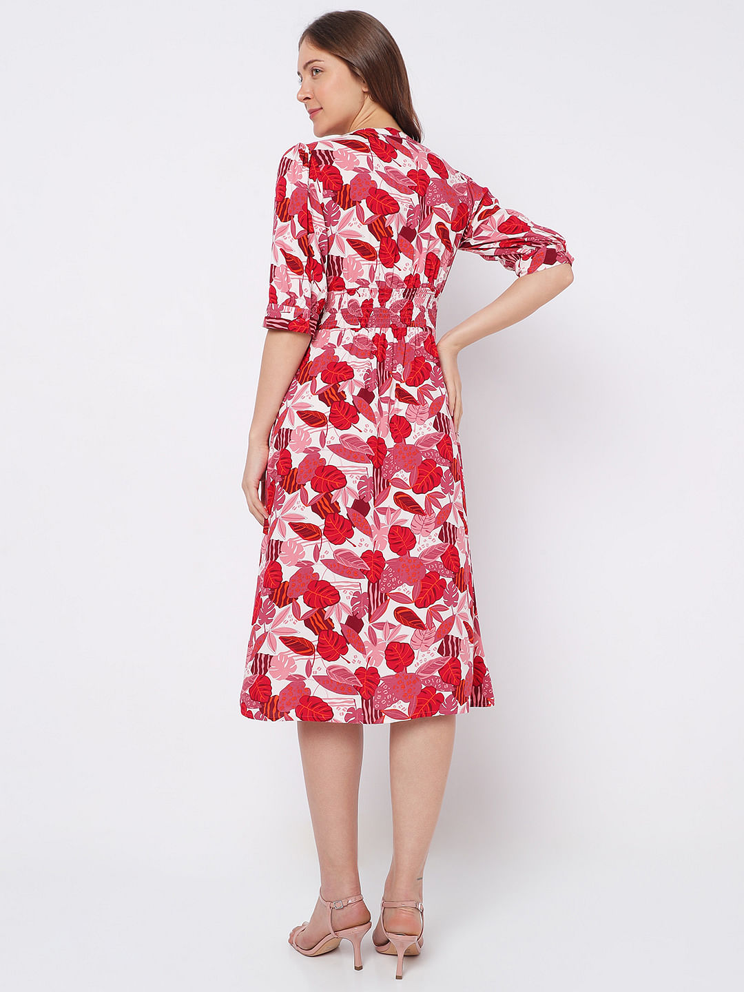 Pink Tropical Print Midi Dress