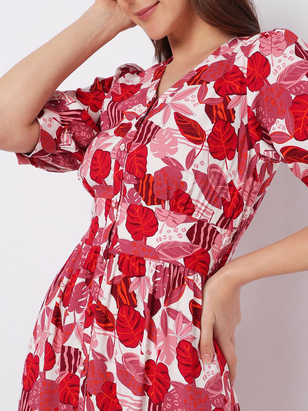 Pink Tropical Print Midi Dress