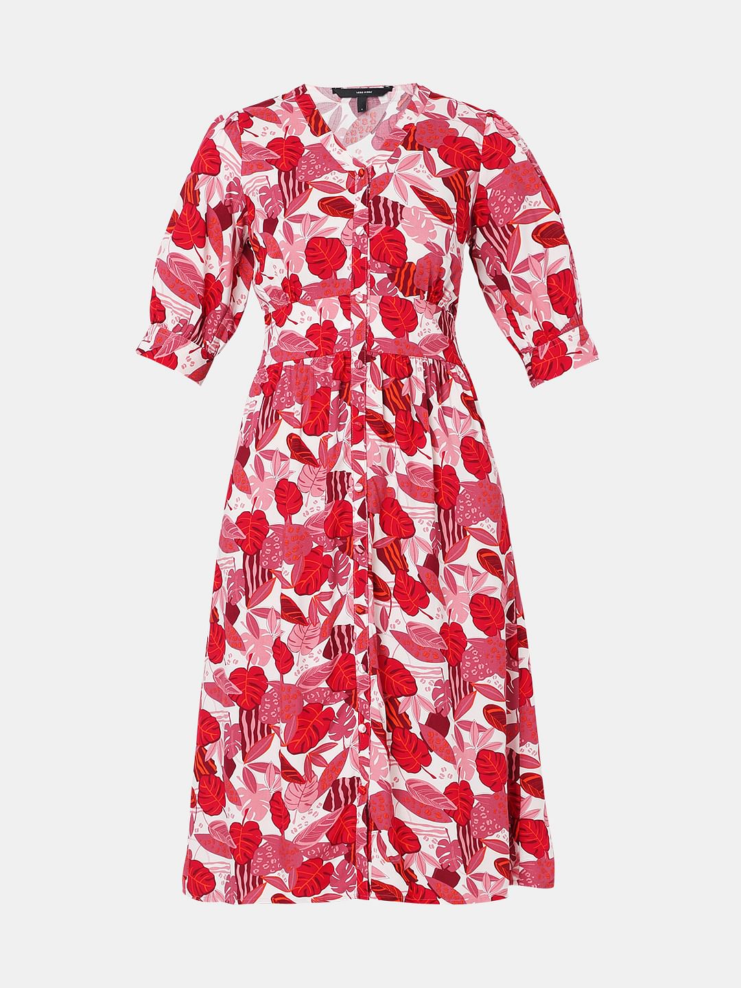 Pink Tropical Print Midi Dress