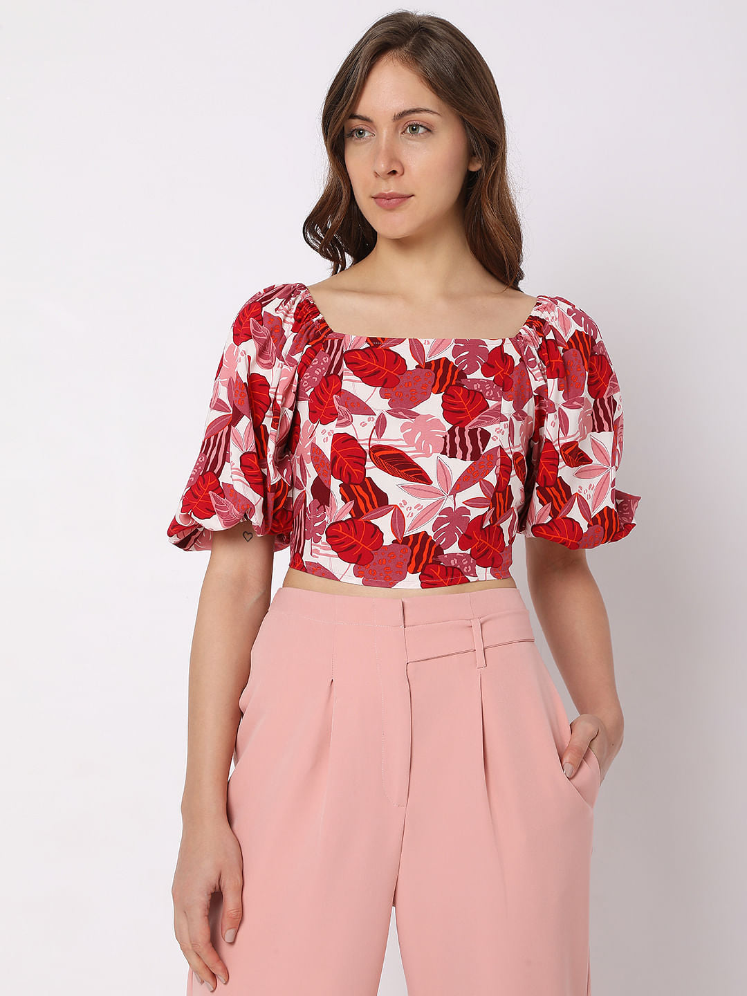 Pink Tropical Print Co-Ord Set Crop Top