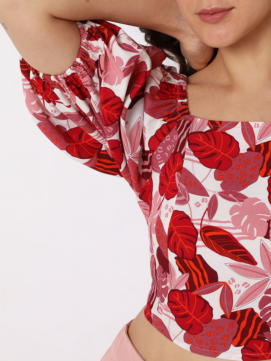 Pink Tropical Print Co-Ord Set Crop Top