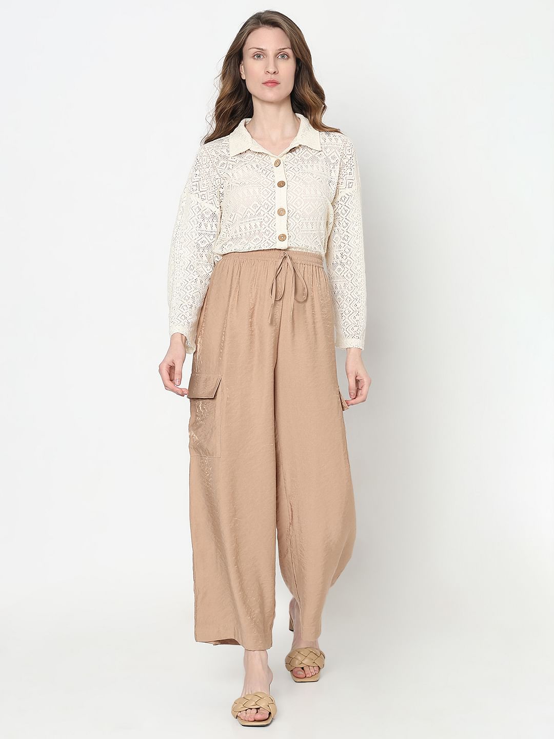 Beige High Rise Loose Fit Pants