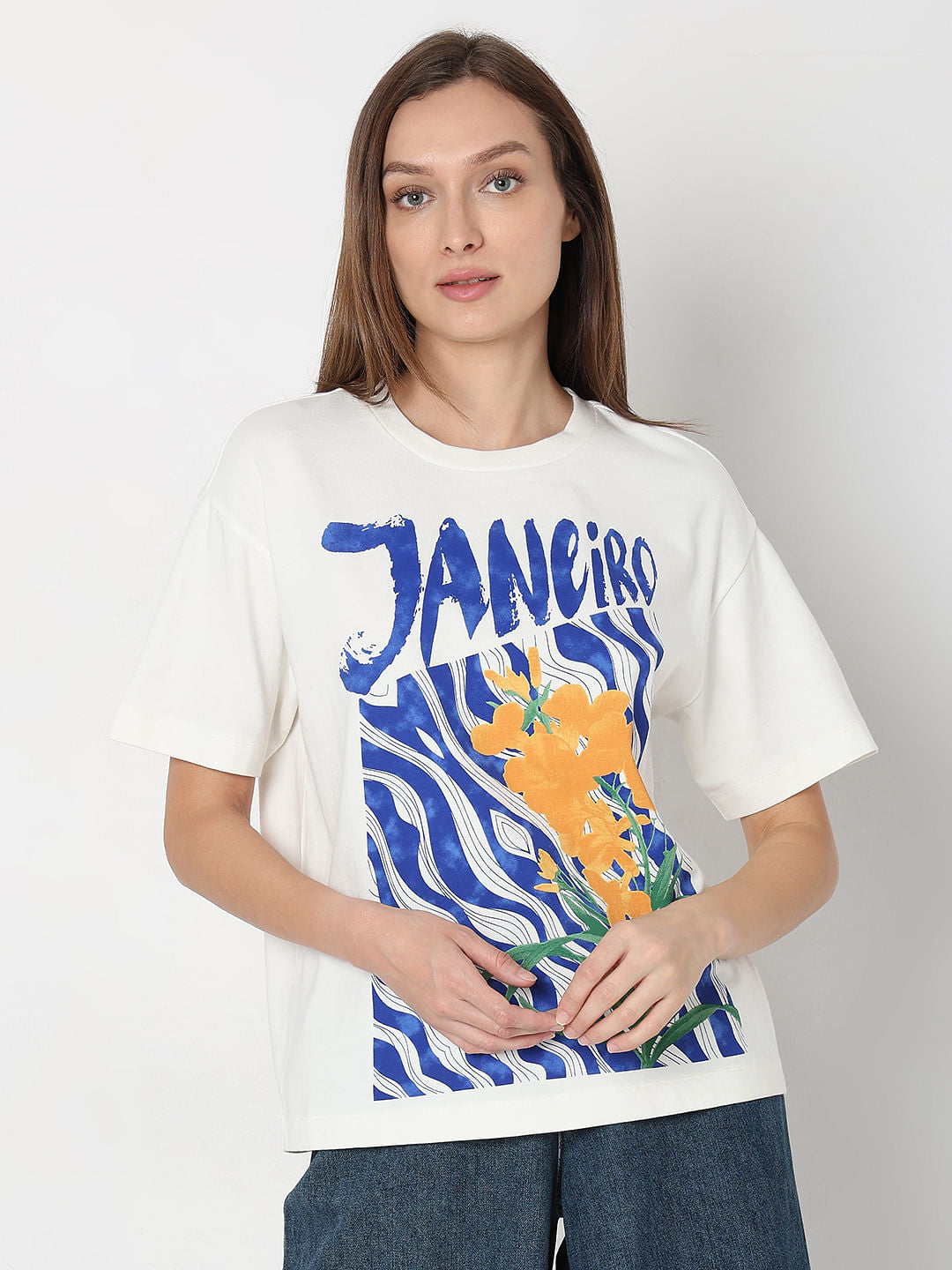 White Printed Relaxed Fit T-Shirt