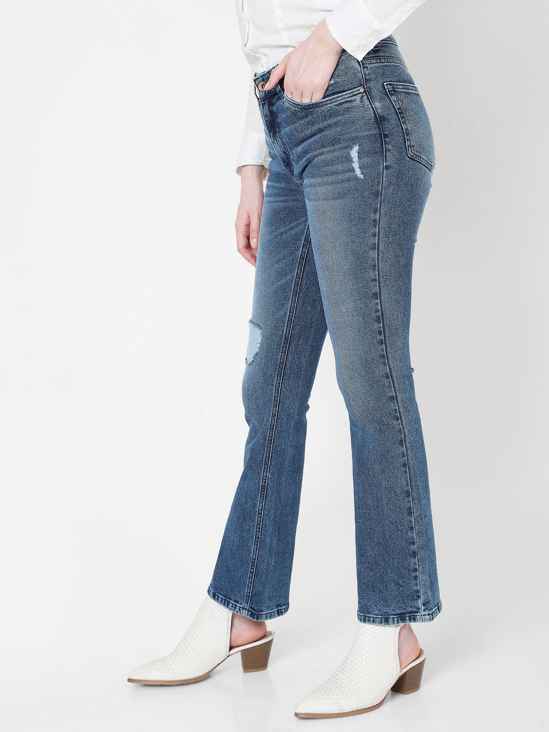 Mid Rise Ripped Bootcut Jeans