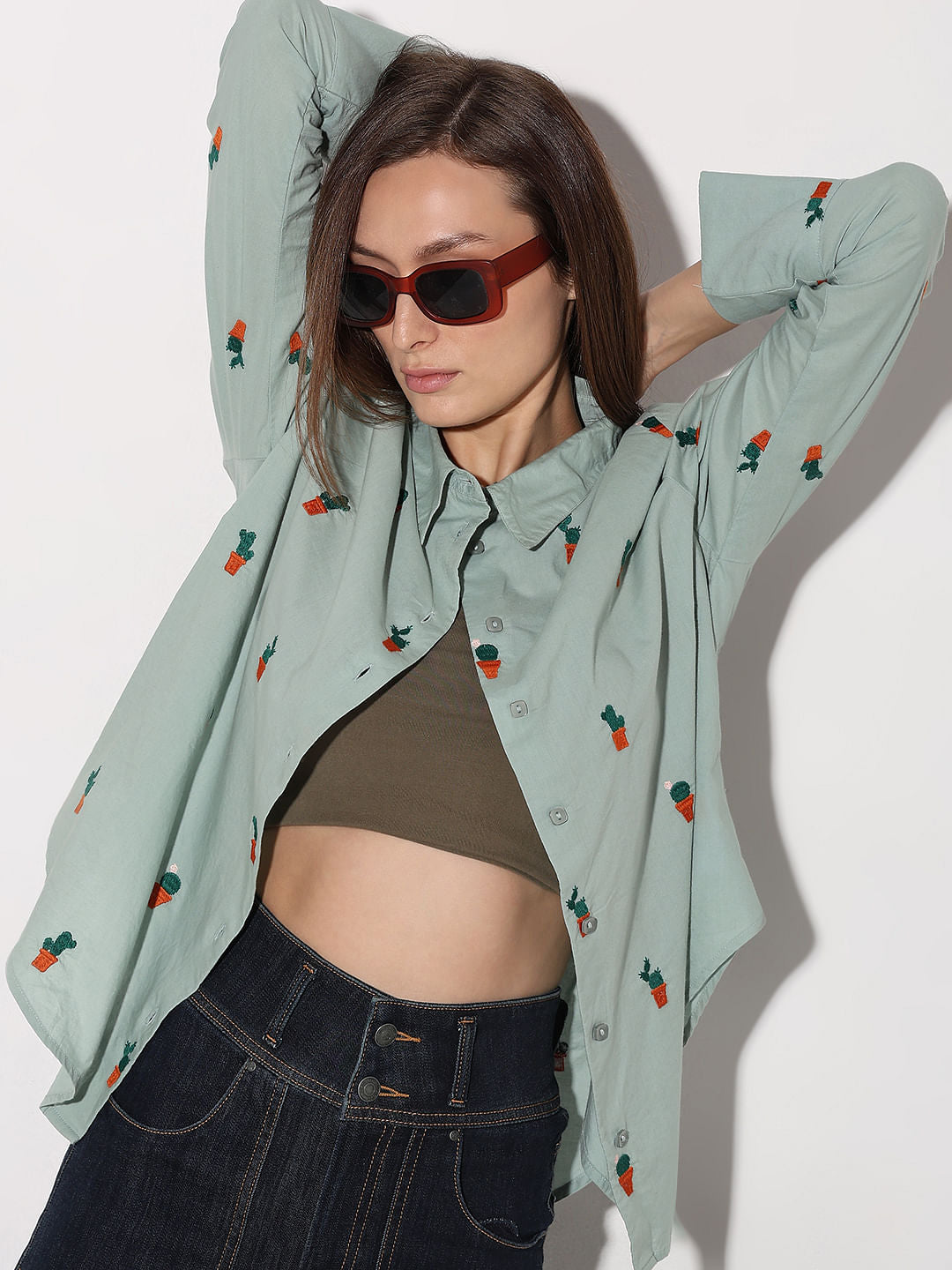 Green Cactus Embroidered Shirt