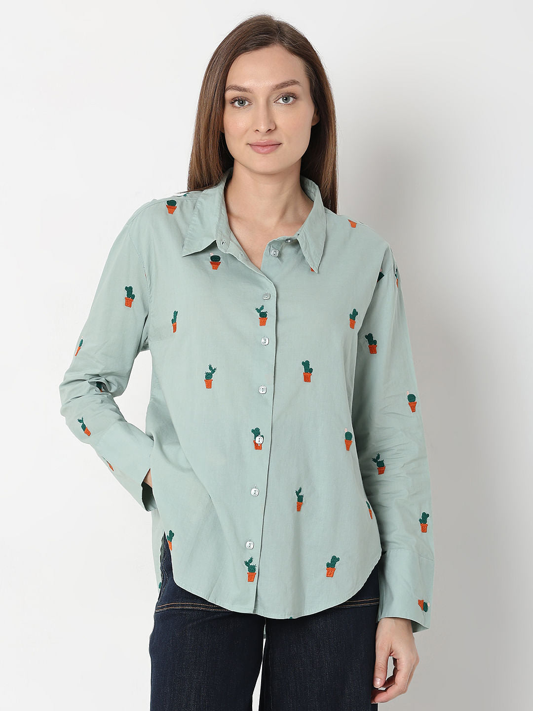 Green Cactus Embroidered Shirt