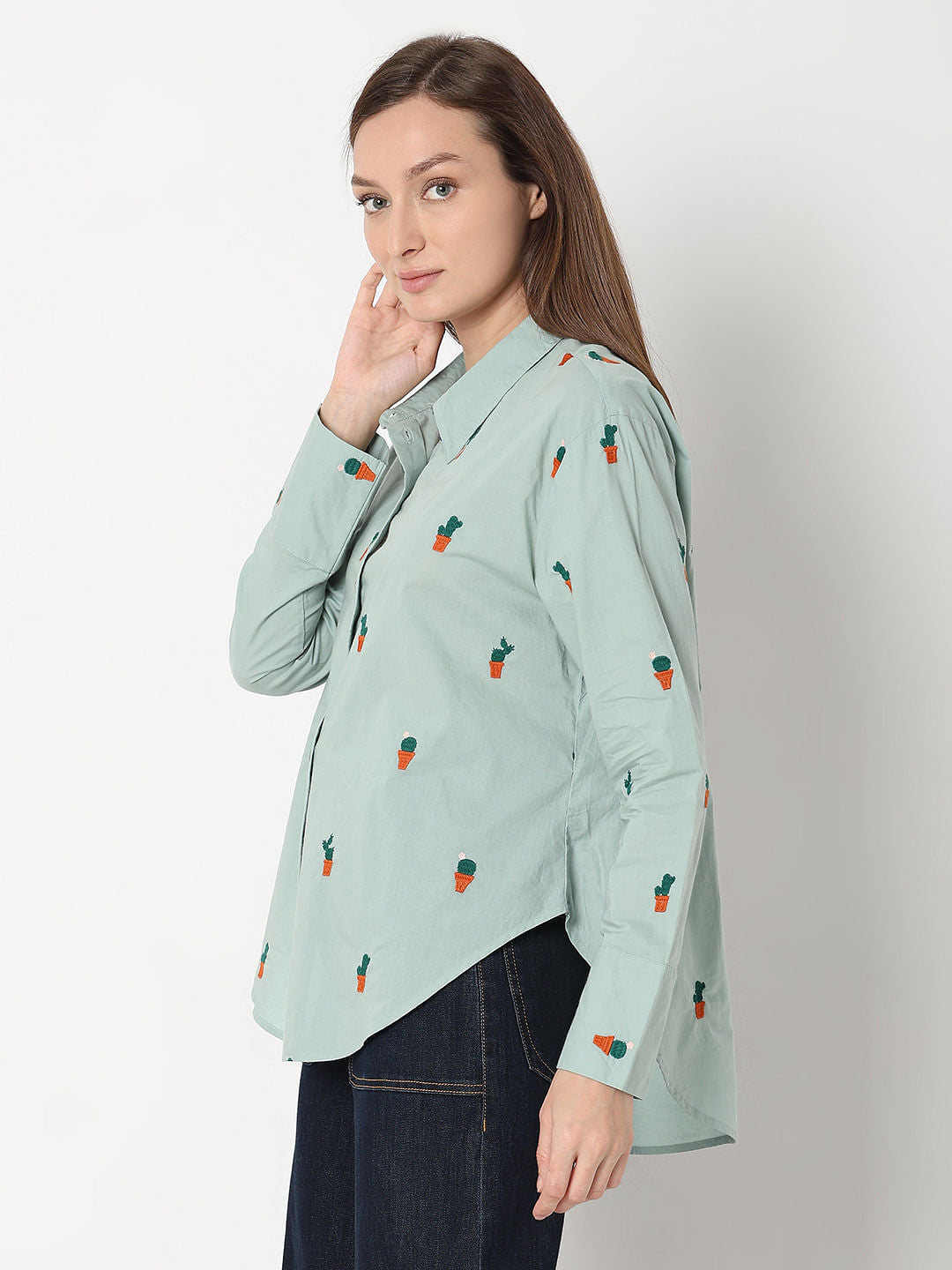 Green Cactus Embroidered Shirt