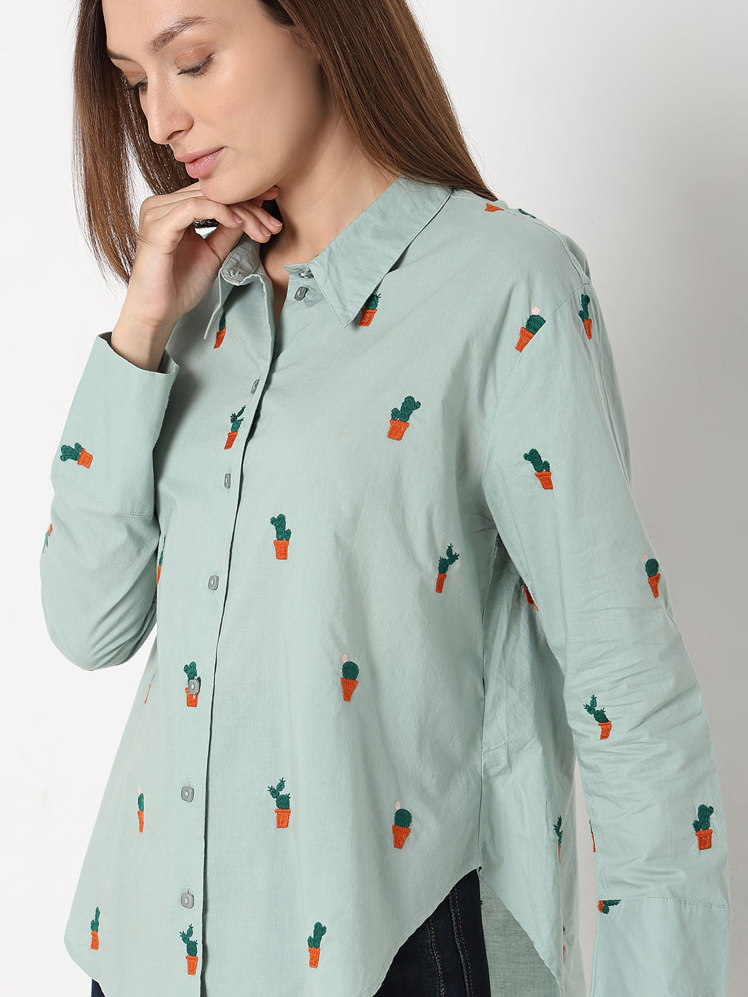 Green Cactus Embroidered Shirt