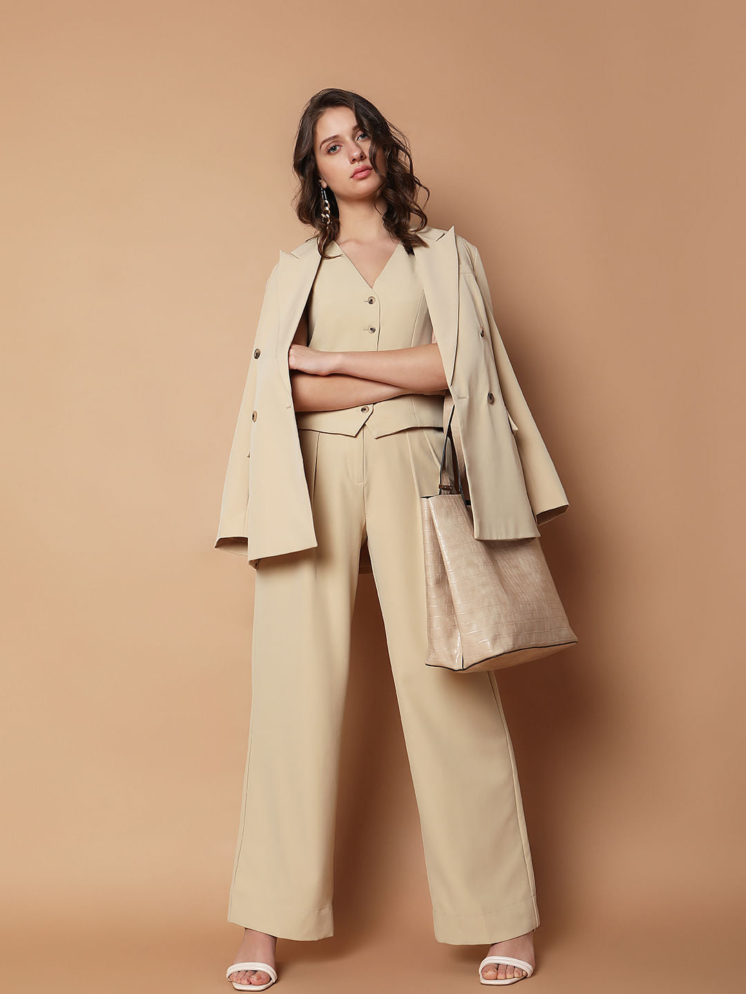 Beige High Rise Wide Leg Pants