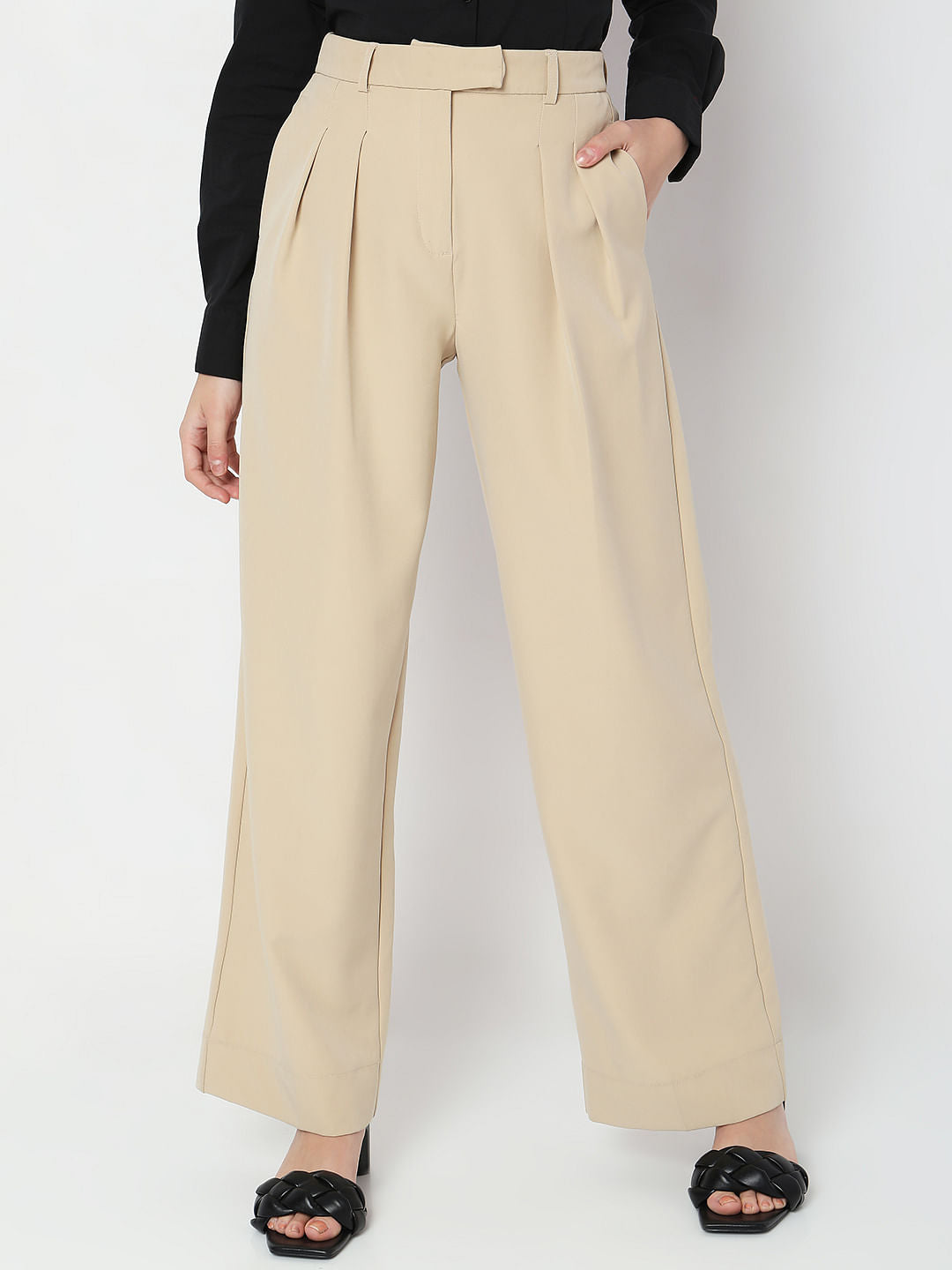 Beige High Rise Wide Leg Pants