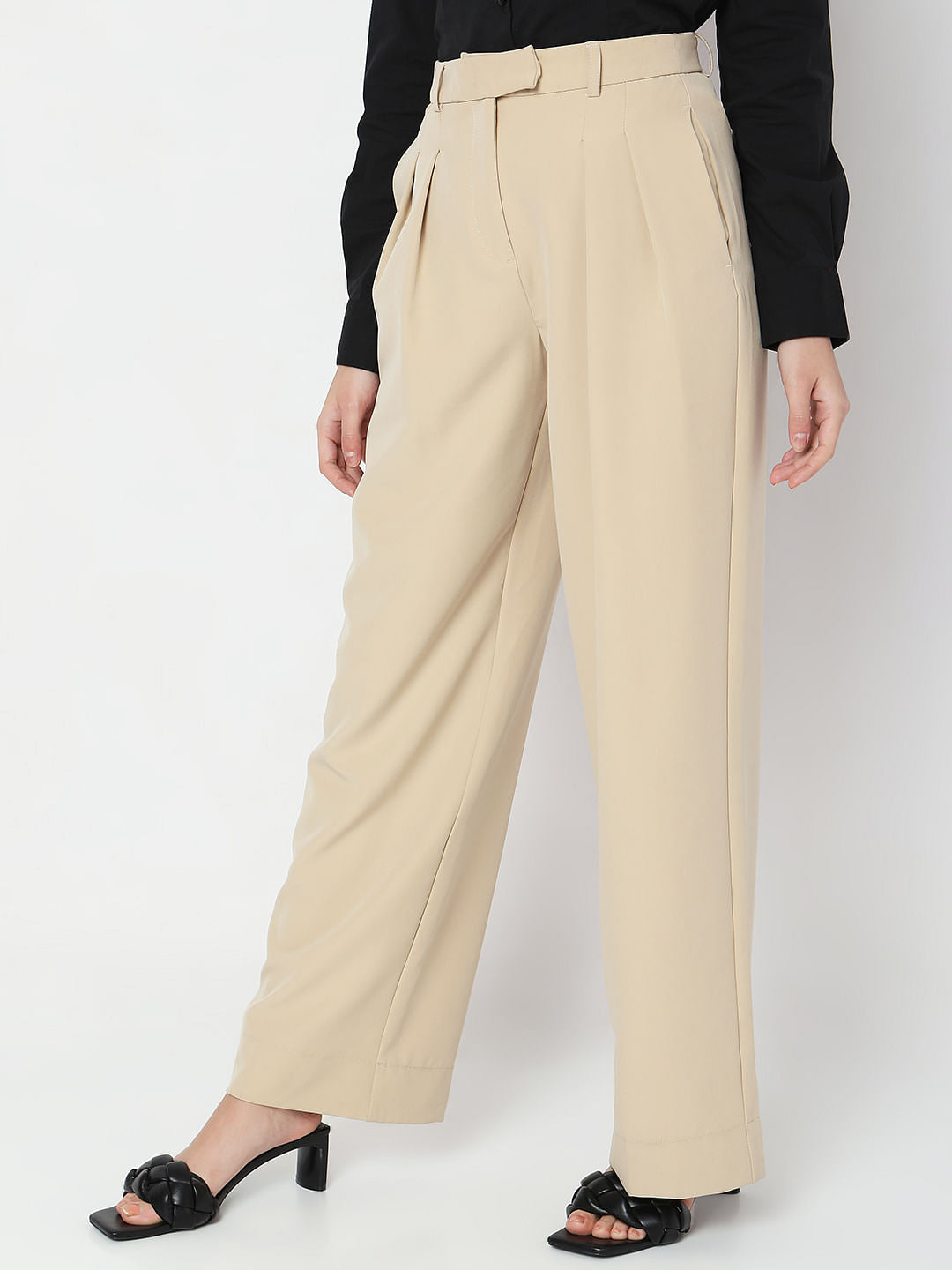 Beige High Rise Wide Leg Pants