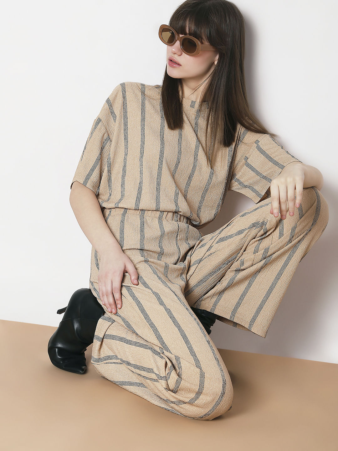 Beige Striped Co-Ord Set T-Shirt