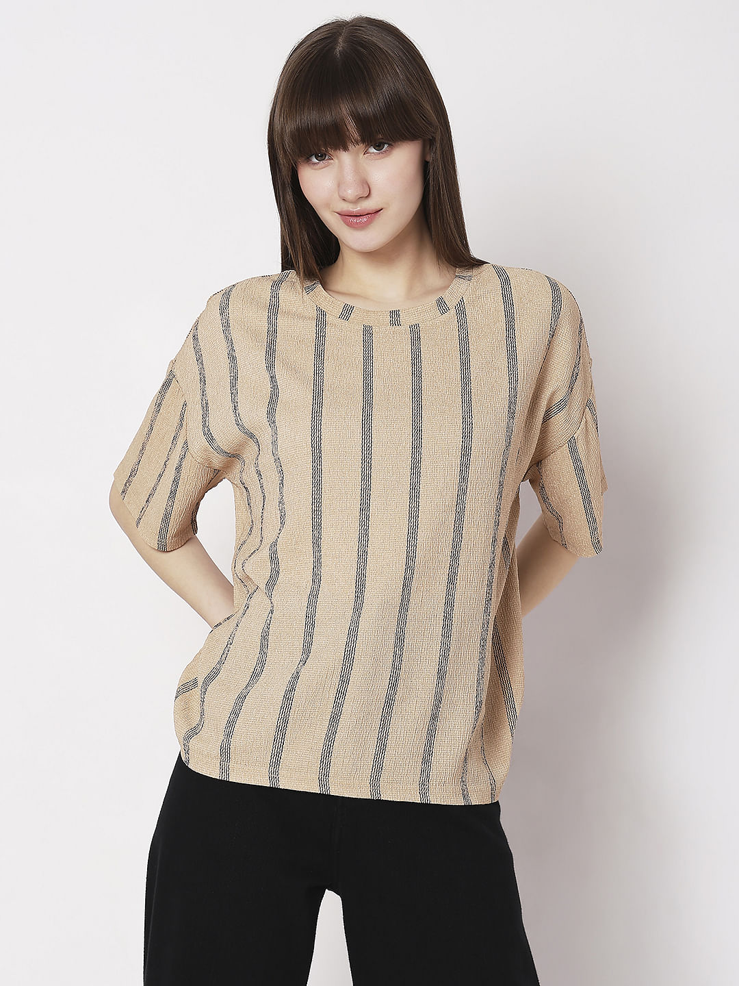 Beige Striped Co-Ord Set T-Shirt
