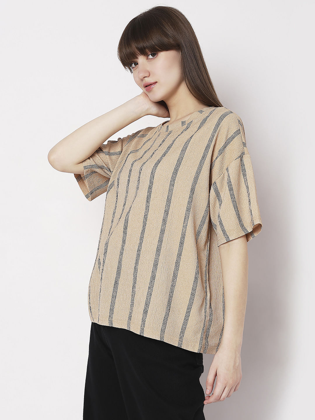Beige Striped Co-Ord Set T-Shirt