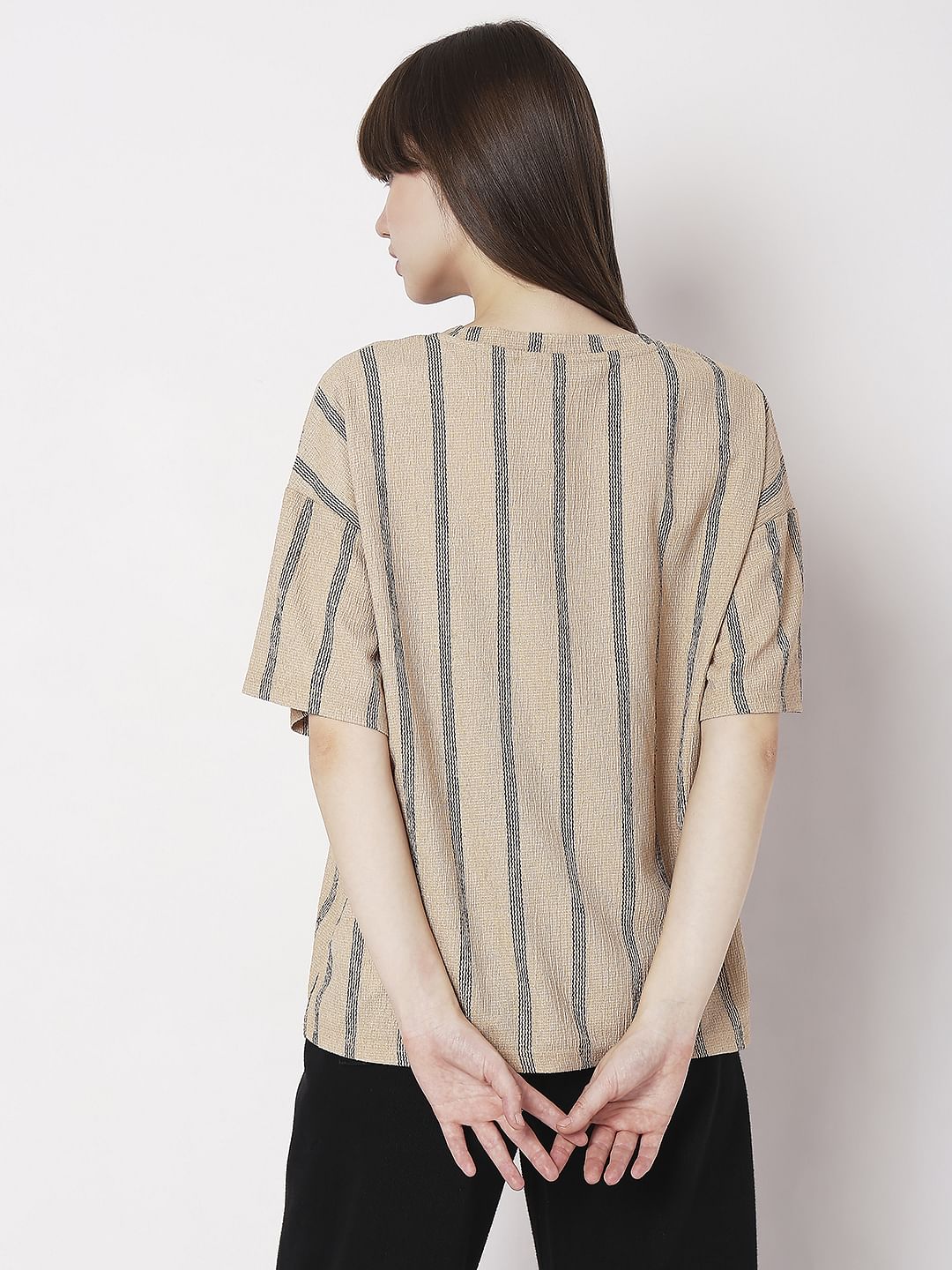Beige Striped Co-Ord Set T-Shirt