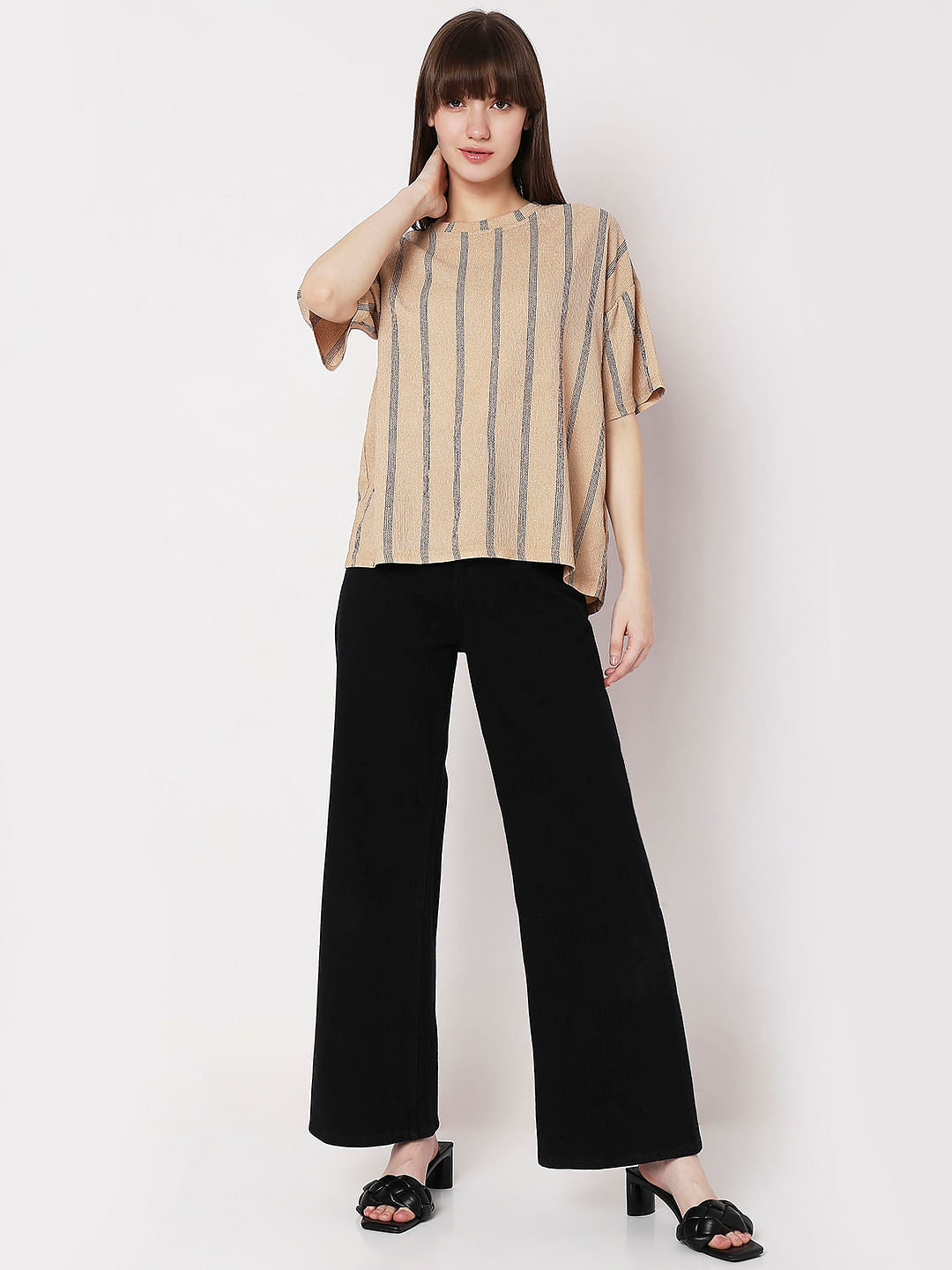 Beige Striped Co-Ord Set T-Shirt