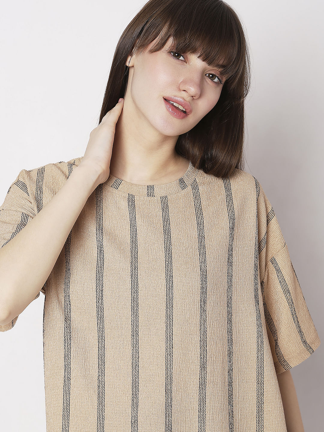 Beige Striped Co-Ord Set T-Shirt