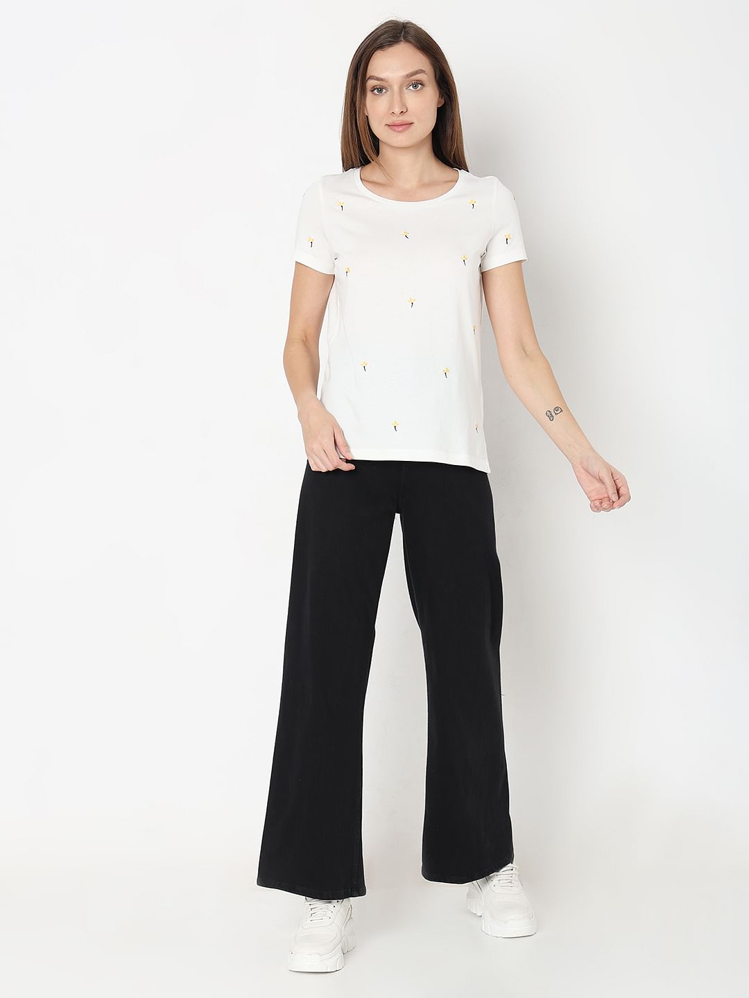 White Embroidered Print T-Shirt