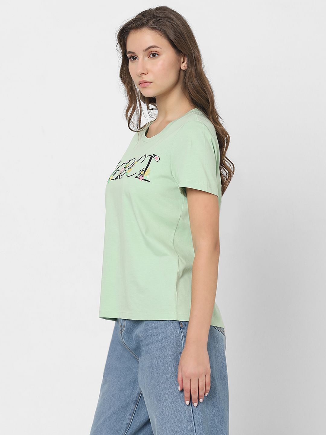Green Embroidered Text T-Shirt