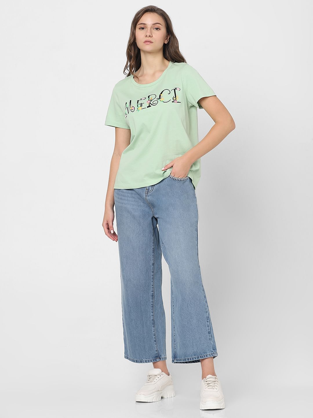 Green Embroidered Text T-Shirt