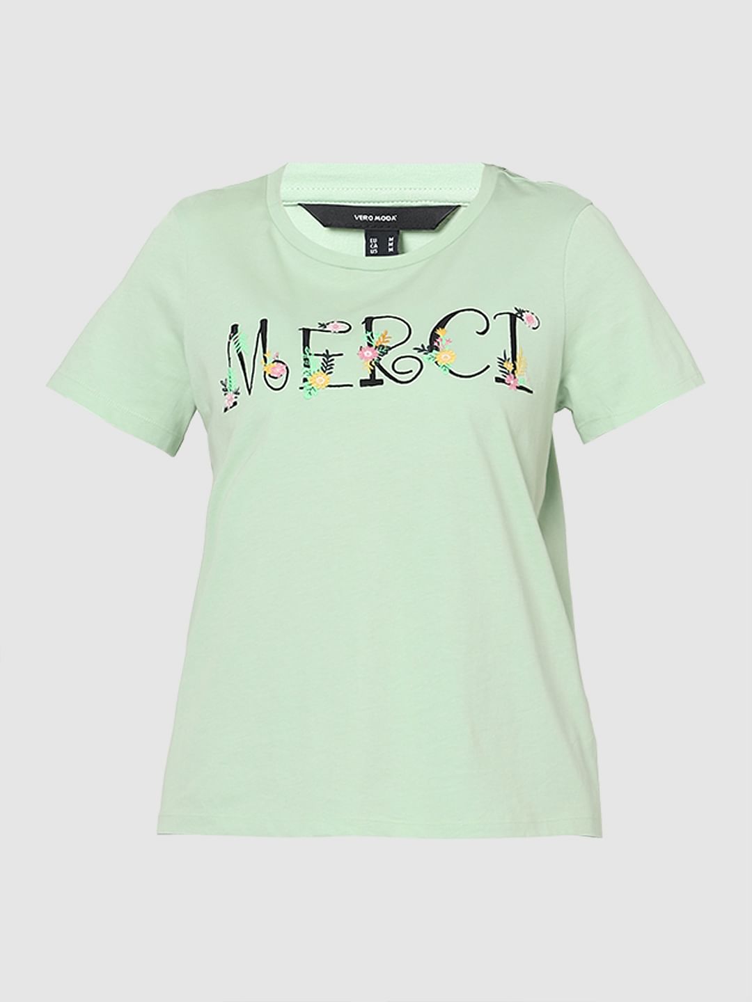 Green Embroidered Text T-Shirt