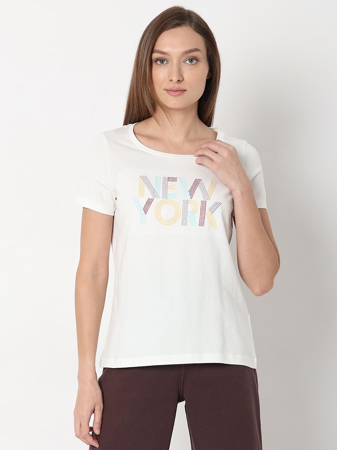White Embroidered Text T-Shirt