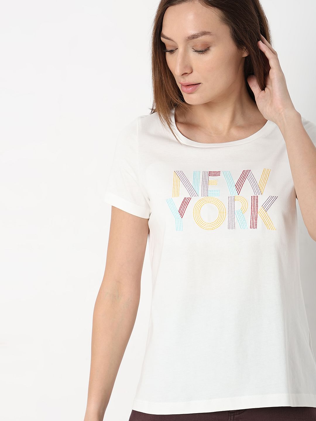White Embroidered Text T-Shirt