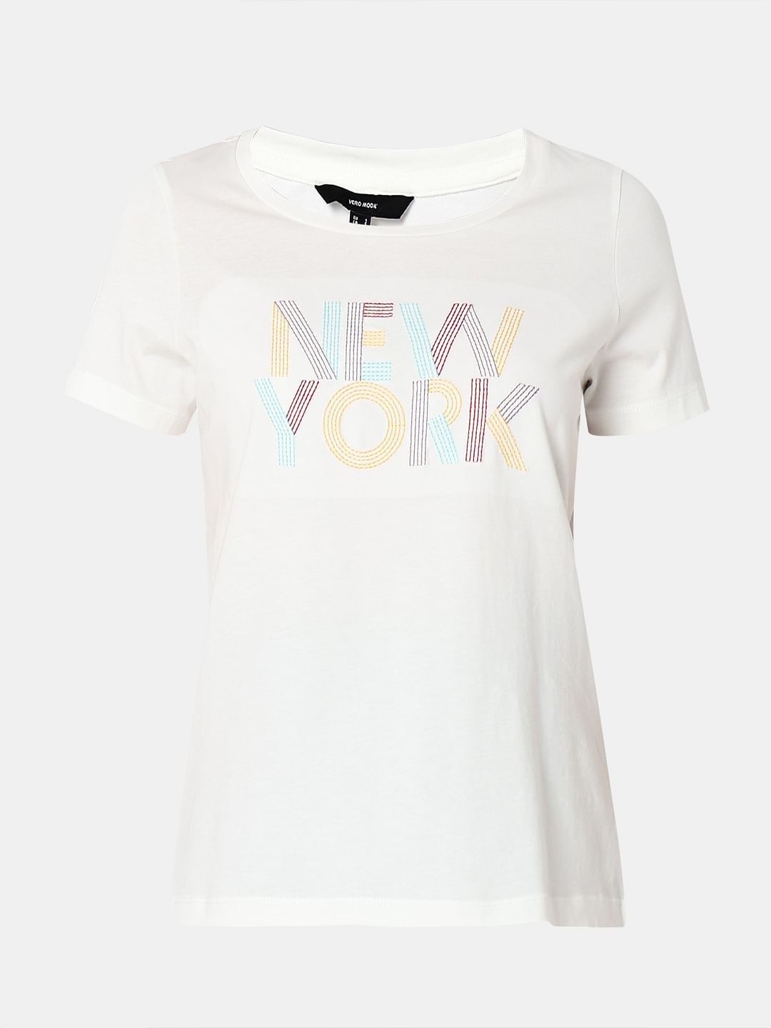 White Embroidered Text T-Shirt