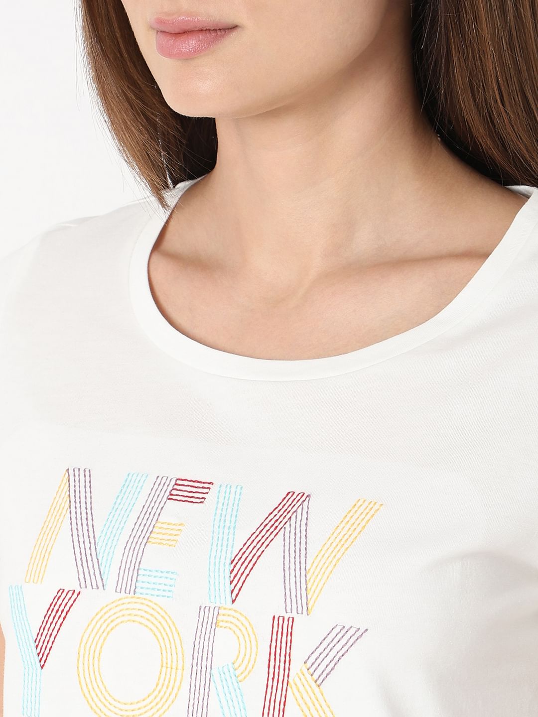 White Embroidered Text T-Shirt