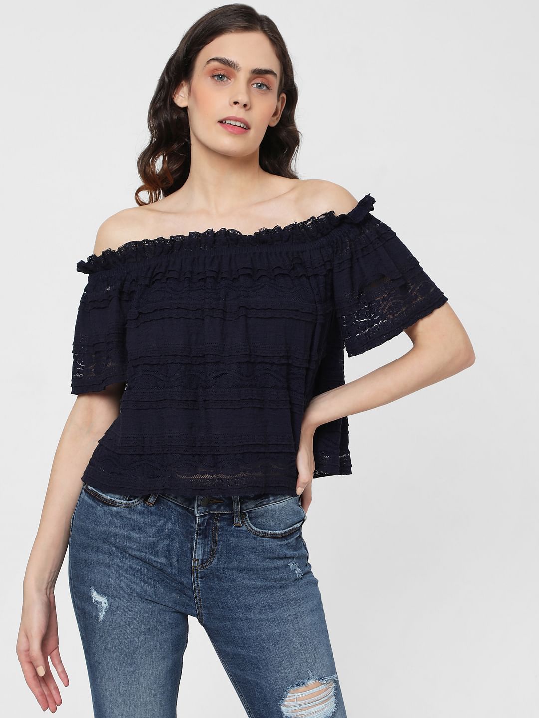 Blue Off Shoulder Lace Top
