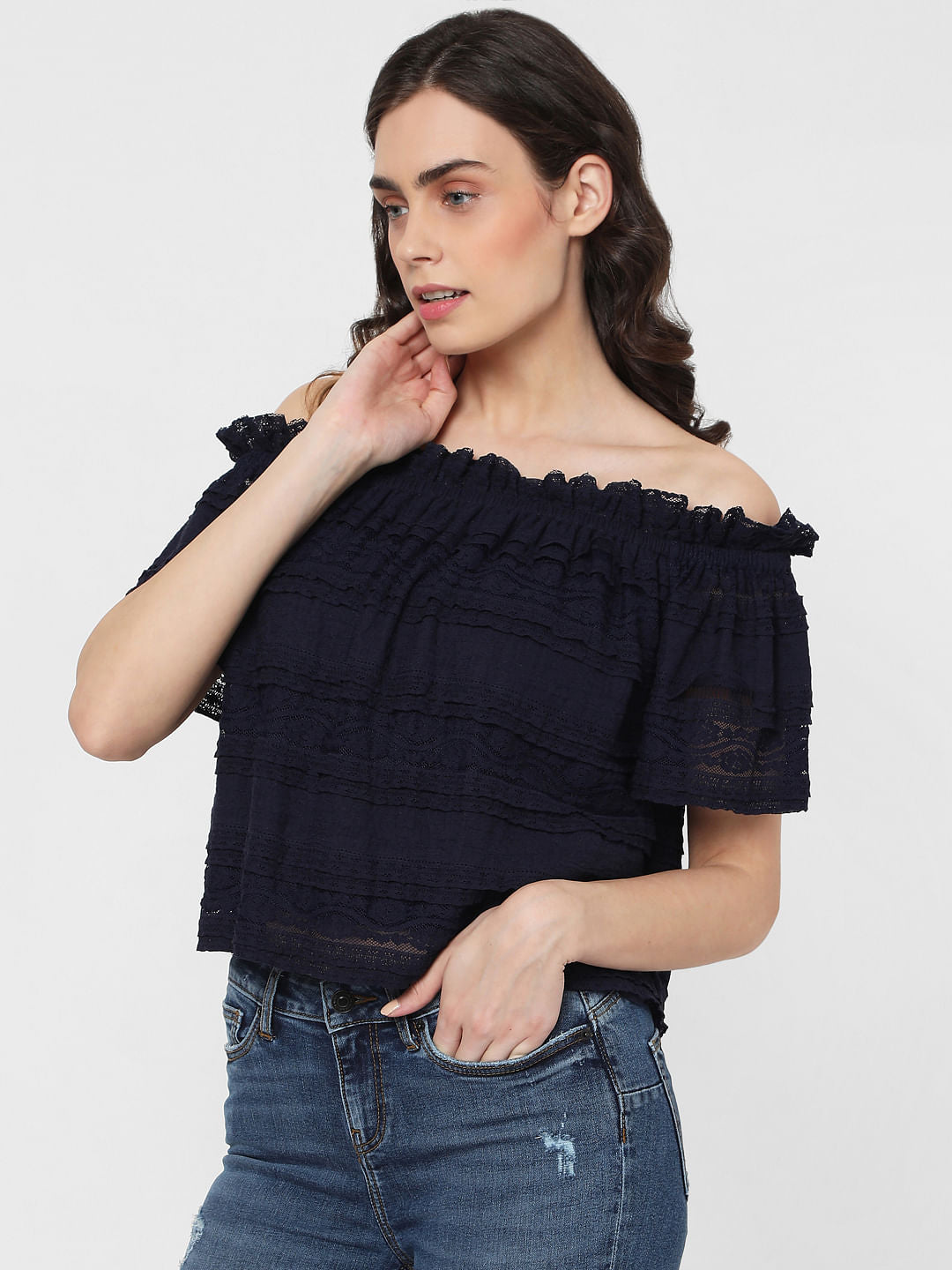 Blue Off Shoulder Lace Top
