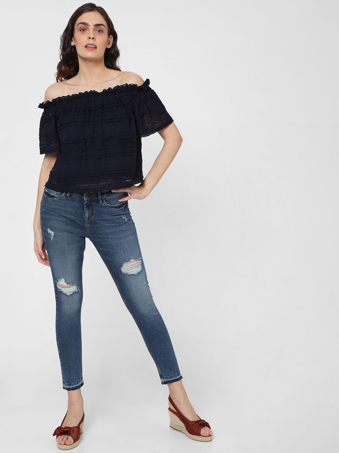 Blue Off Shoulder Lace Top