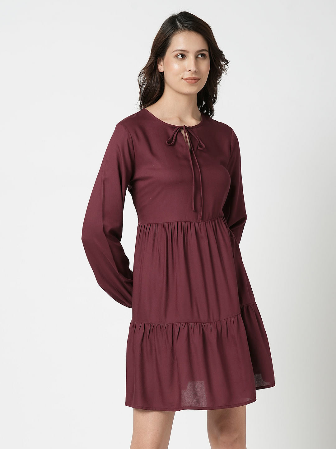 I.Scenery By Vero Moda Maroon Tiered Dress