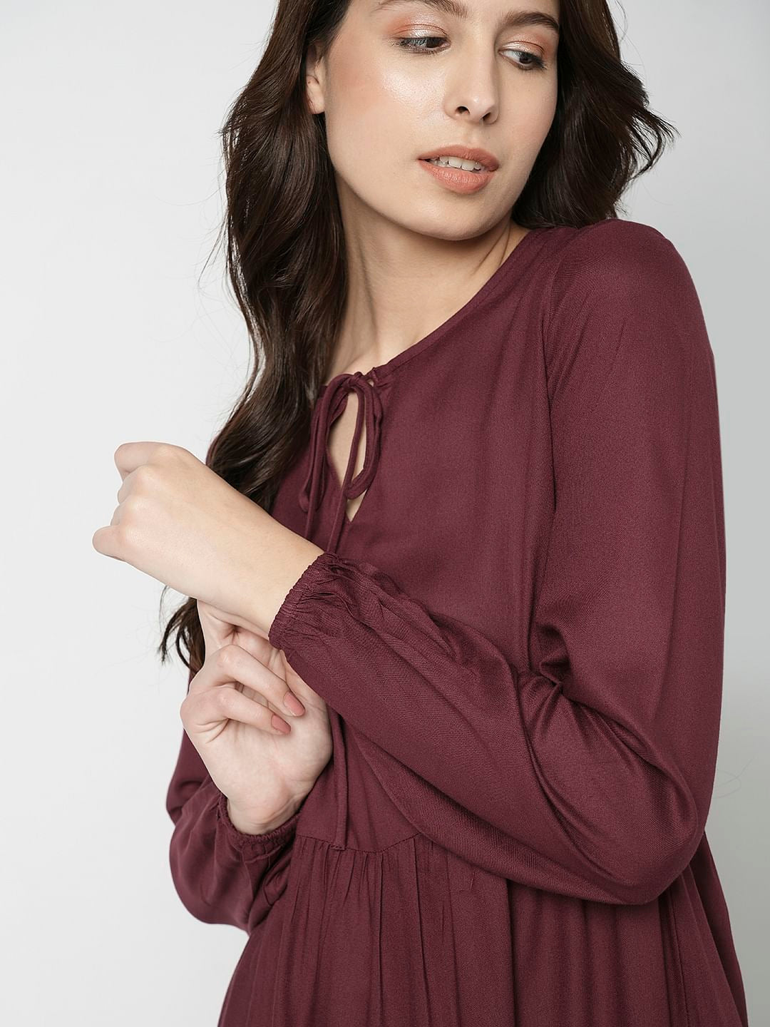 I.Scenery By Vero Moda Maroon Tiered Dress