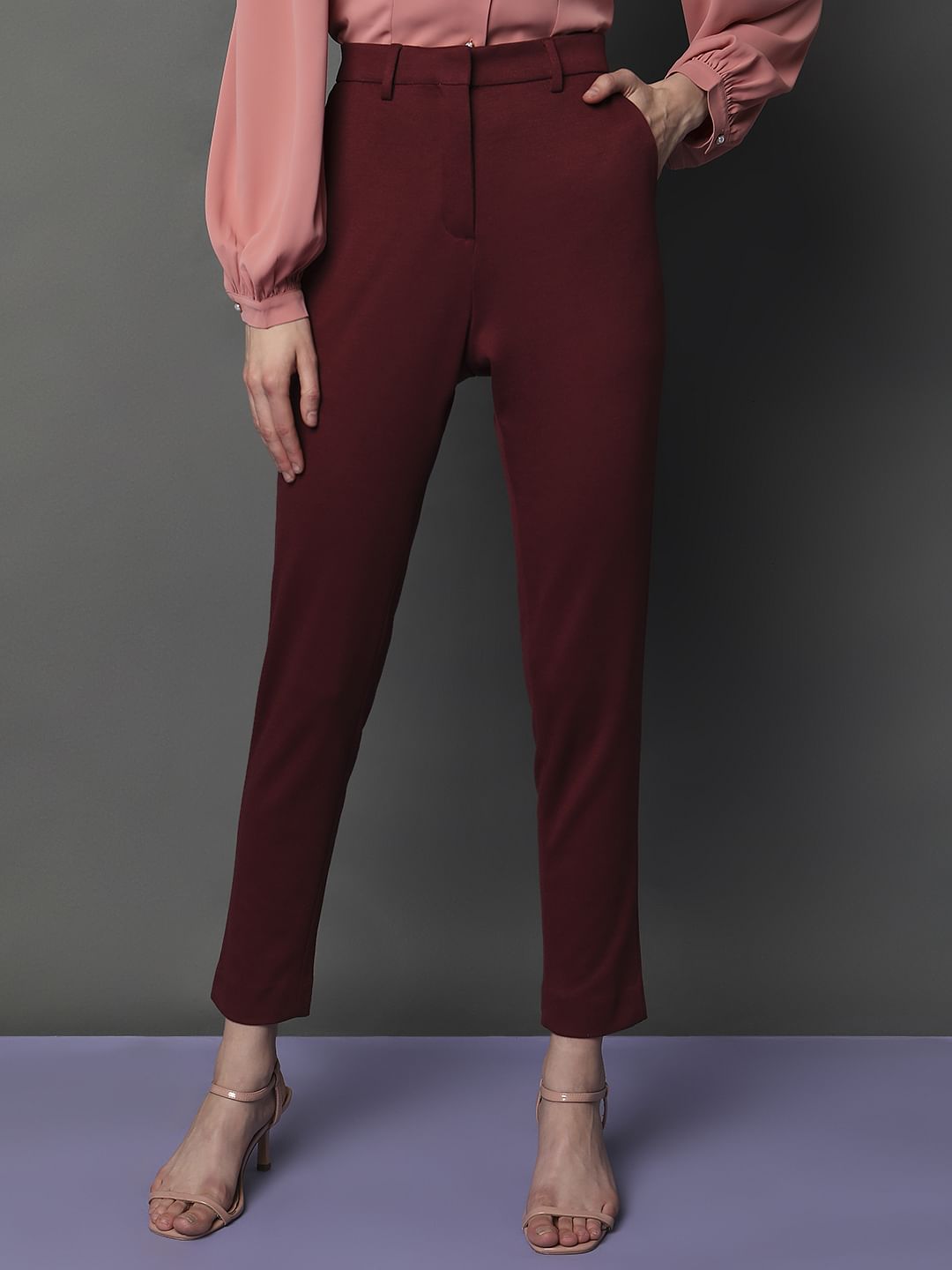 Maroon High Rise Tailored Slim Fit Pants