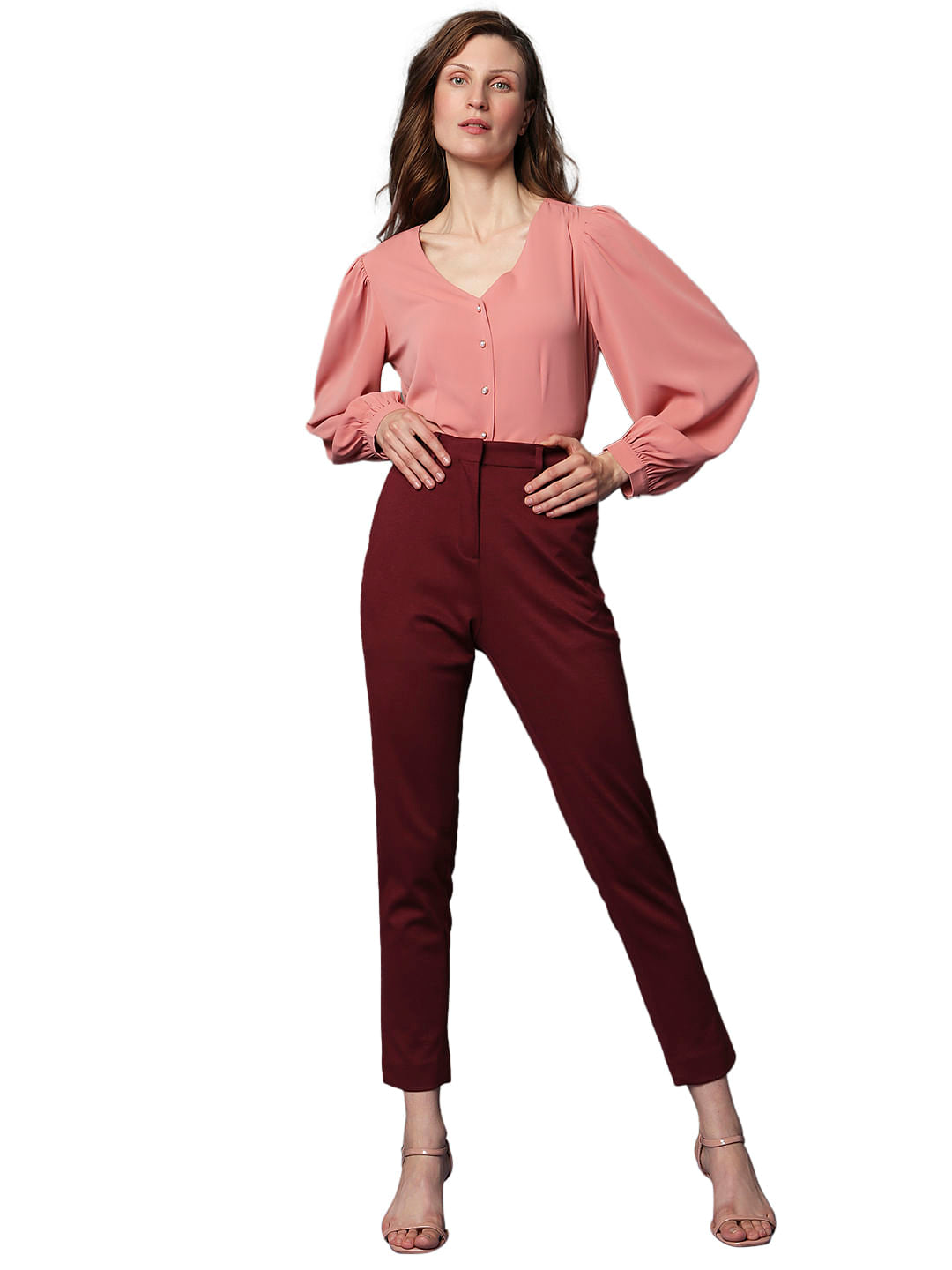 Maroon High Rise Tailored Slim Fit Pants