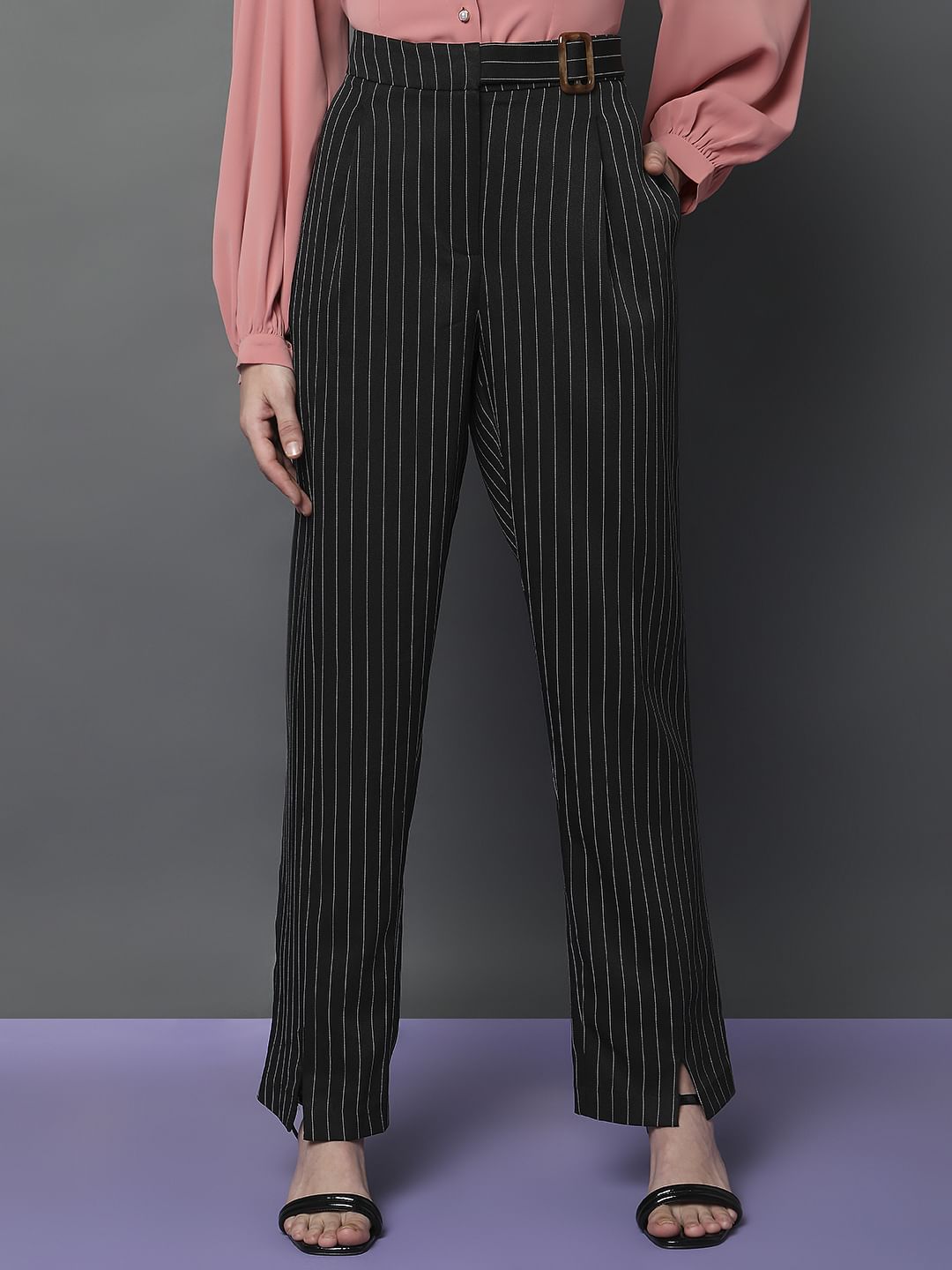 Black High Rise Striped Straight Fit Co-Ord Set Pants
