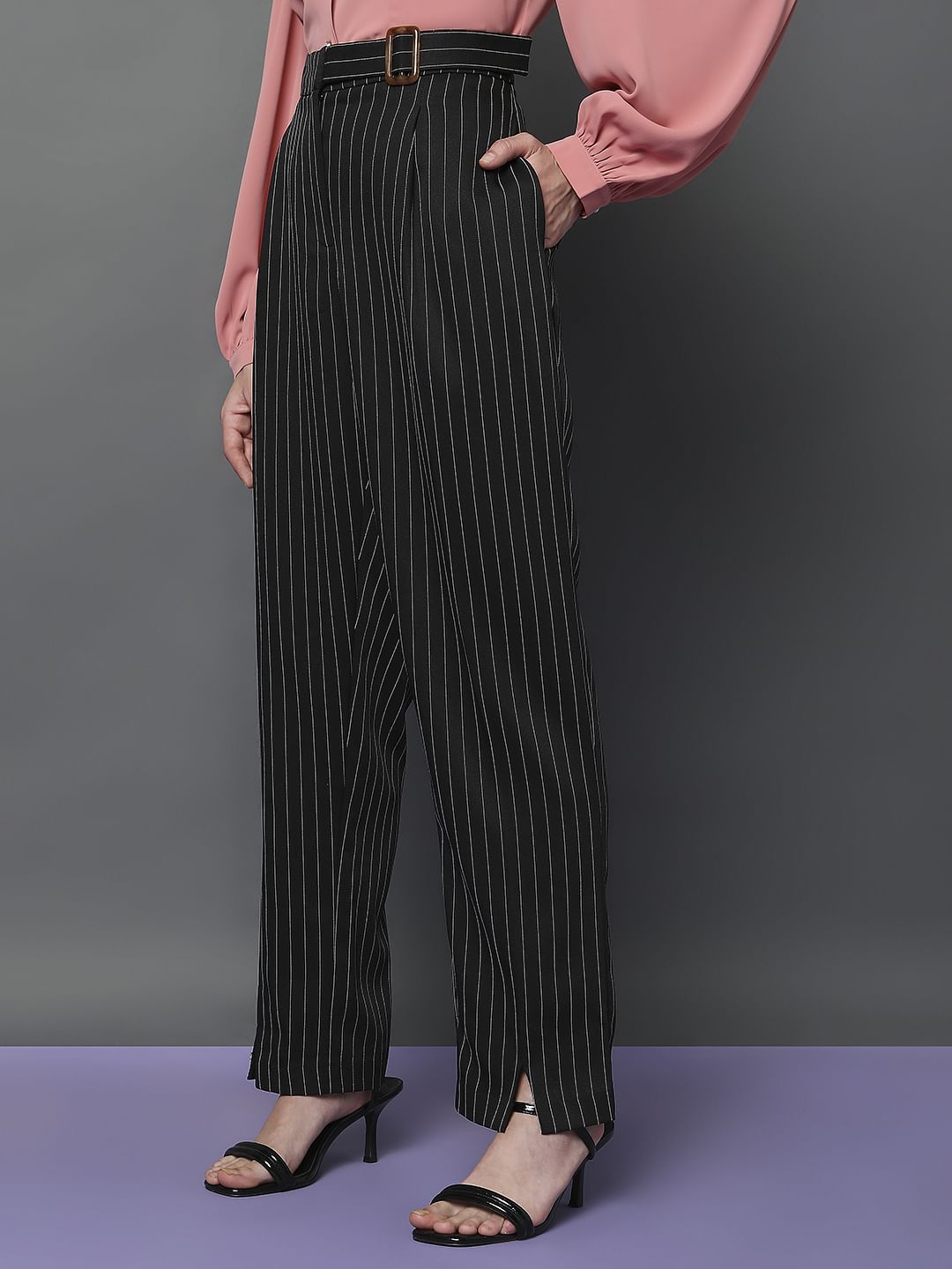 Black High Rise Striped Straight Fit Co-Ord Set Pants